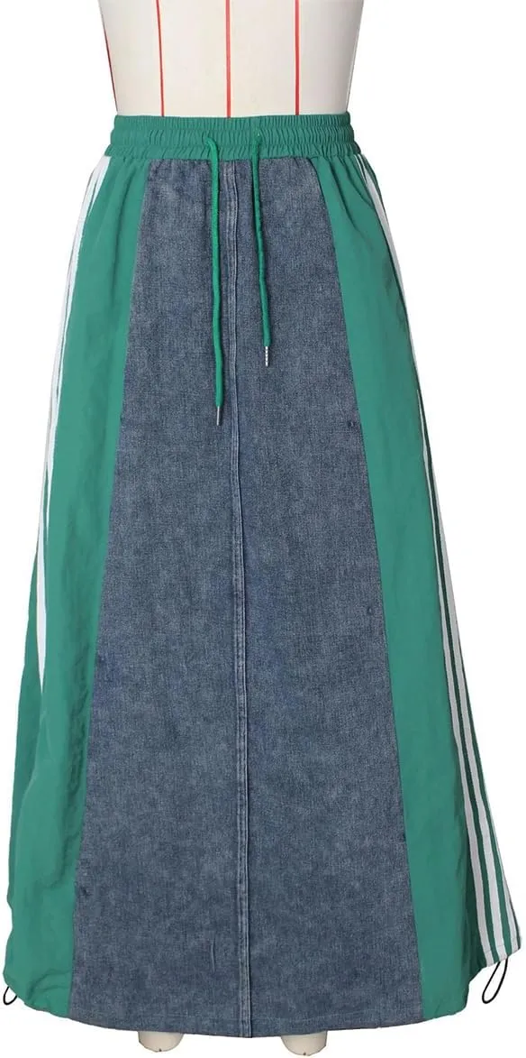 Women's High Waisted Maxi Long Denim Skirts Drawstring Contrast Stripes A Line Flowy Flare Jean Midi Skirt