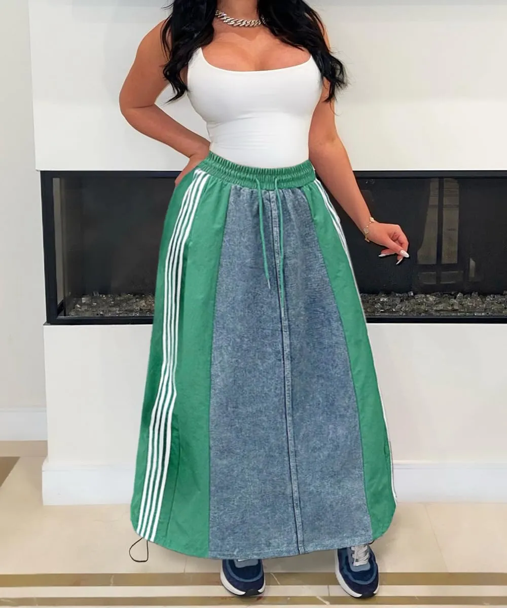 Women's High Waisted Maxi Long Denim Skirts Drawstring Contrast Stripes A Line Flowy Flare Jean Midi Skirt