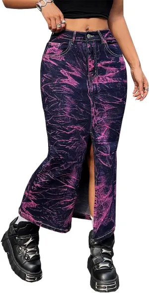 Women's High Waisted Maxi Long Denim Skirts Stretchy Slit Washed Tie Dye Skinny Butt Lifting Jean Midi Skirt,Purple2,S
