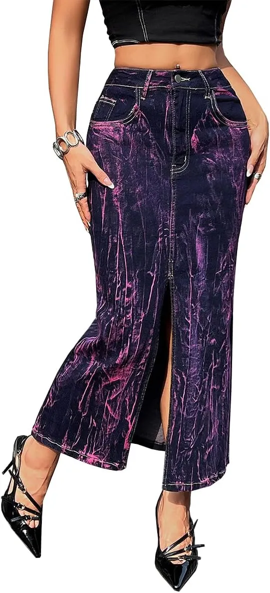 Women's High Waisted Maxi Long Denim Skirts Stretchy Slit Washed Tie Dye Skinny Butt Lifting Jean Midi Skirt,Purple3,XL