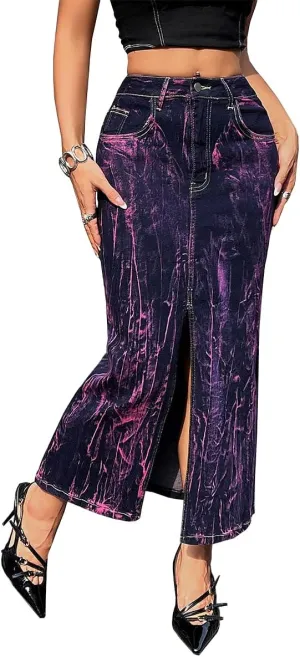 Women's High Waisted Maxi Long Denim Skirts Stretchy Slit Washed Tie Dye Skinny Butt Lifting Jean Midi Skirt,Purple3,XL