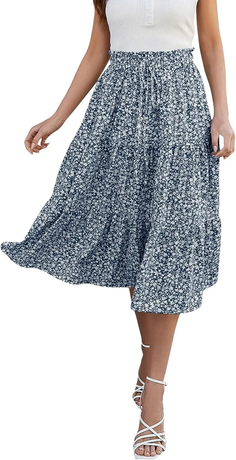 Women's High Waisted Skirt 2025 Solid Floral Print A-Line Skirt with Elastic Tie Waist Flowy Casual Beach Midi Skirt