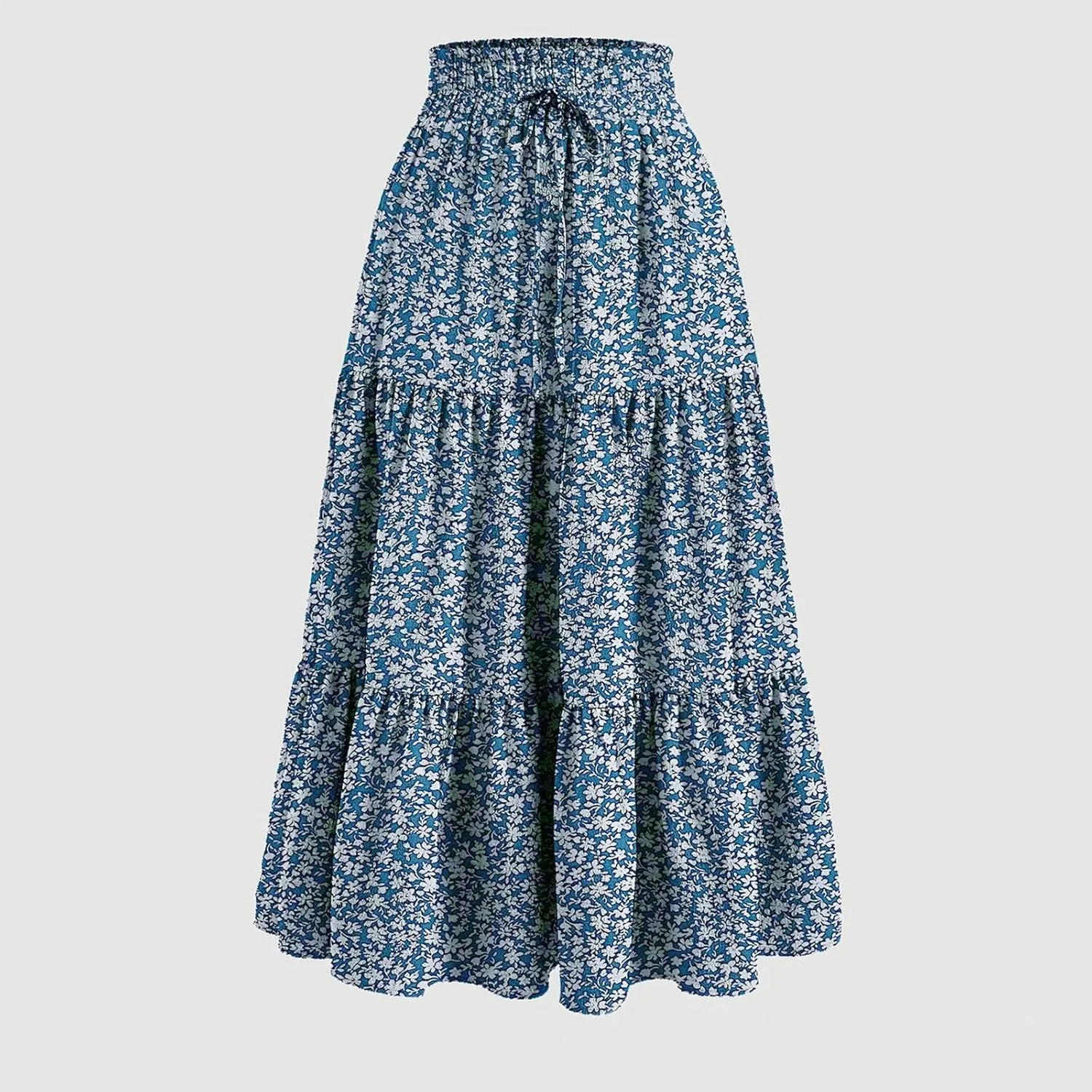 Women's High Waisted Skirt 2025 Solid Floral Print A-Line Skirt with Elastic Tie Waist Flowy Casual Beach Midi Skirt