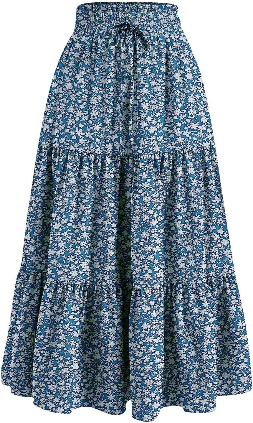 Women's High Waisted Skirt 2025 Solid Floral Print A-Line Skirt with Elastic Tie Waist Flowy Casual Beach Midi Skirt