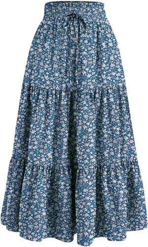 Women's High Waisted Skirt 2025 Solid Floral Print A-Line Skirt with Elastic Tie Waist Flowy Casual Beach Midi Skirt
