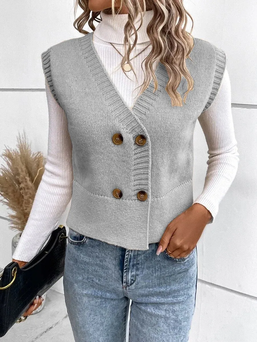 Women's Knitted V-Neck Buttoned Casual Sweater