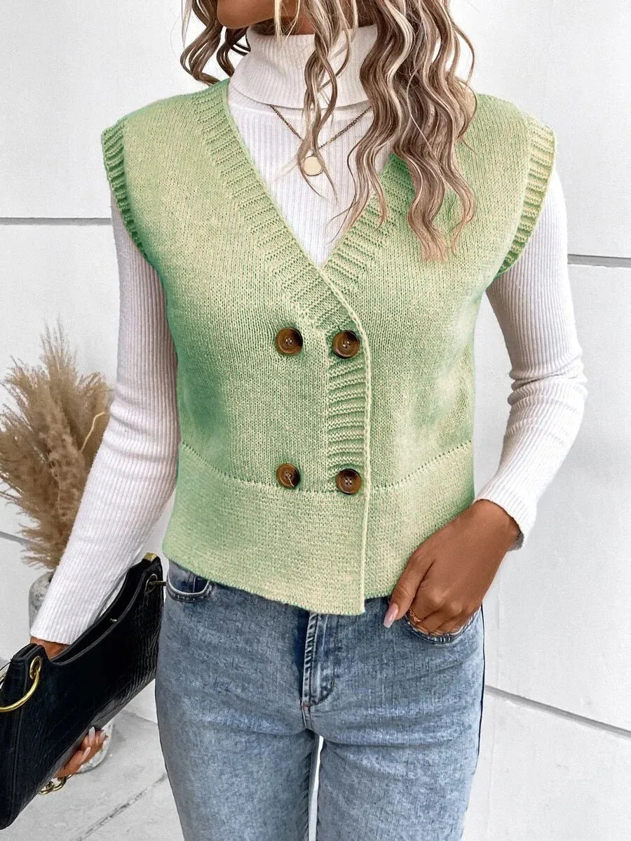 Women's Knitted V-Neck Buttoned Casual Sweater