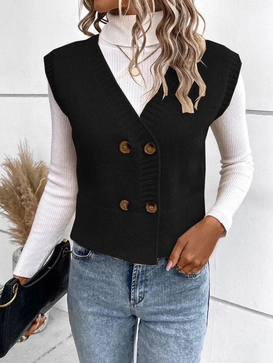Women's Knitted V-Neck Buttoned Casual Sweater
