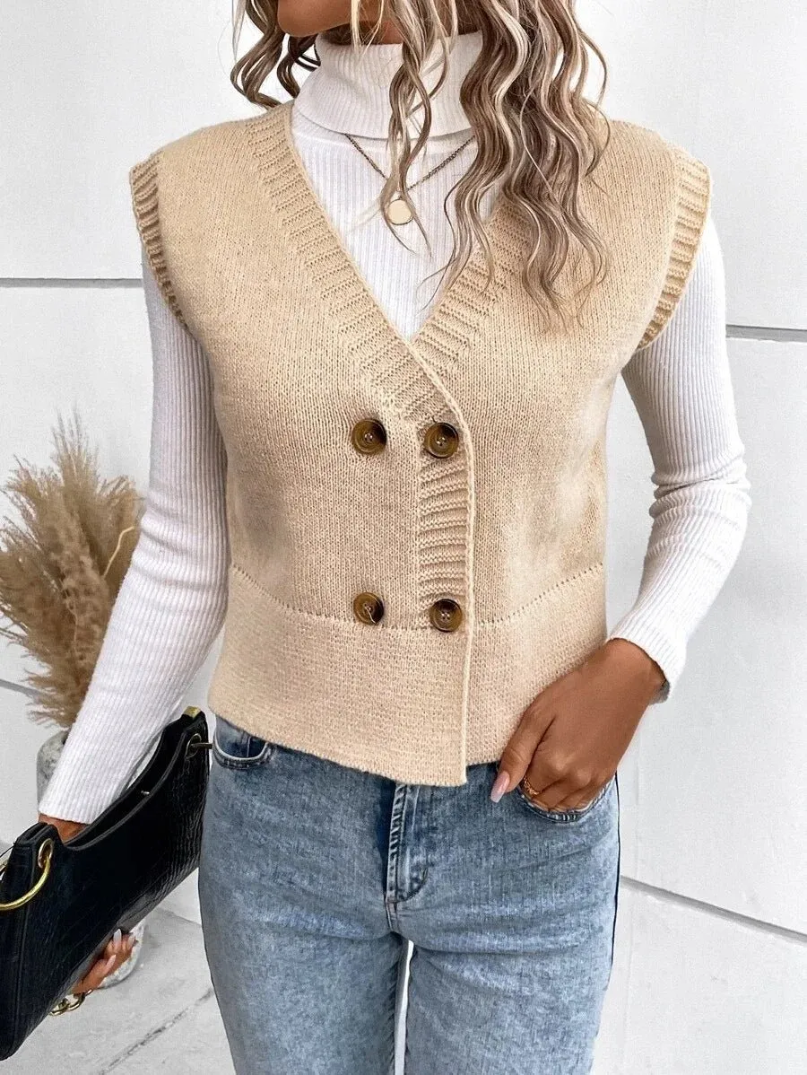 Women's Knitted V-Neck Buttoned Casual Sweater