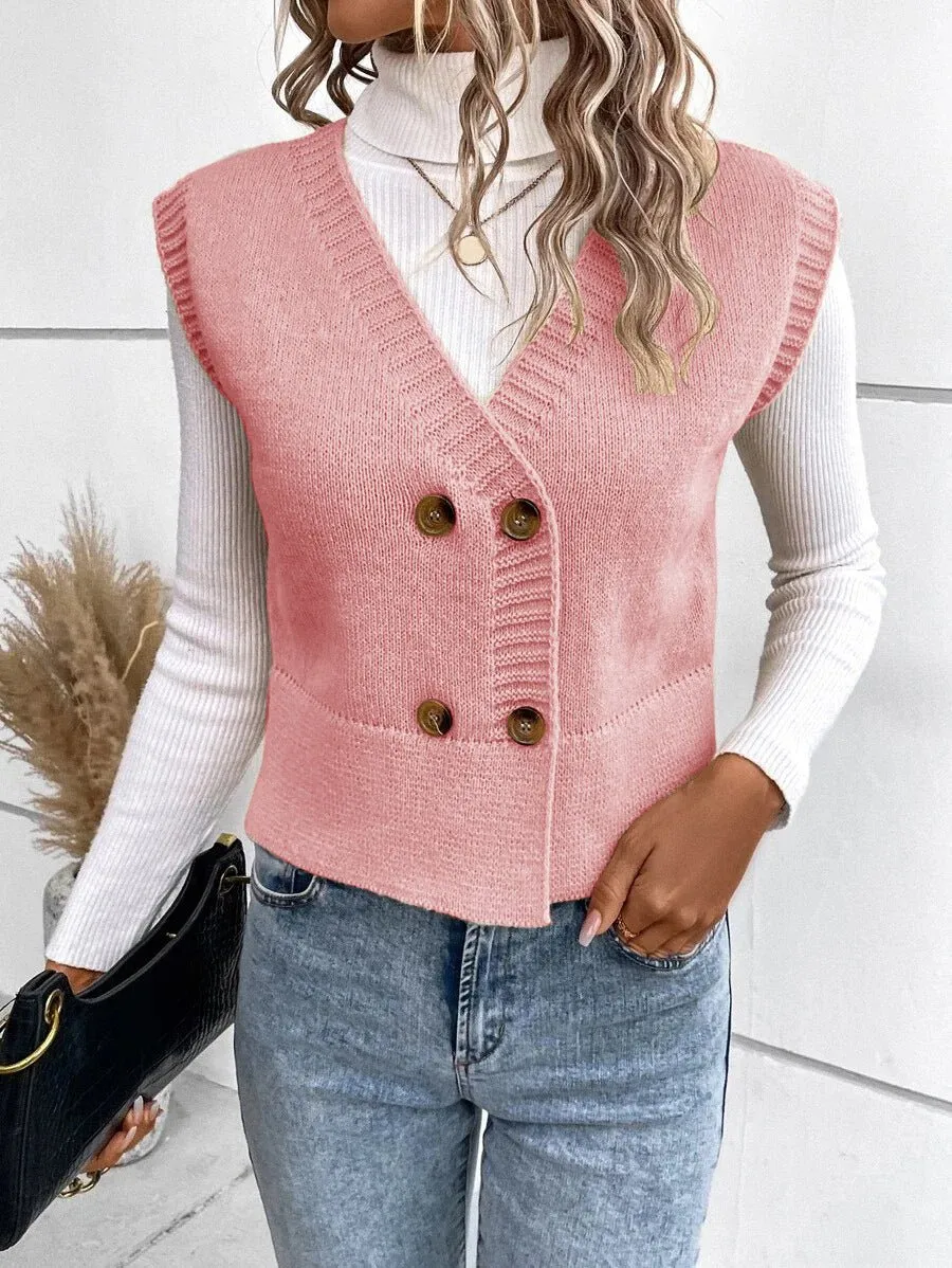 Women's Knitted V-Neck Buttoned Casual Sweater