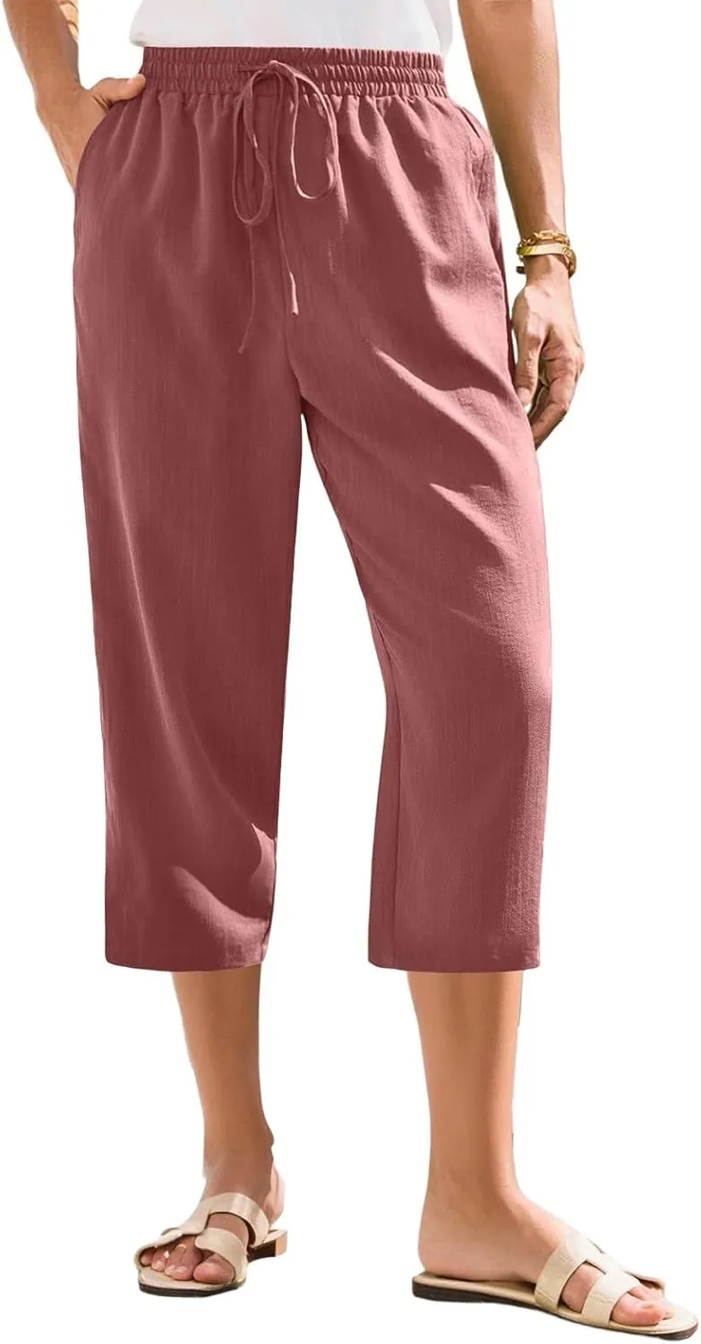 Women's Linen Capris Casual Summer Elastic Waist Wide Leg Cropped Pants Comfy Cotton Linen Capri Pants with Pockets