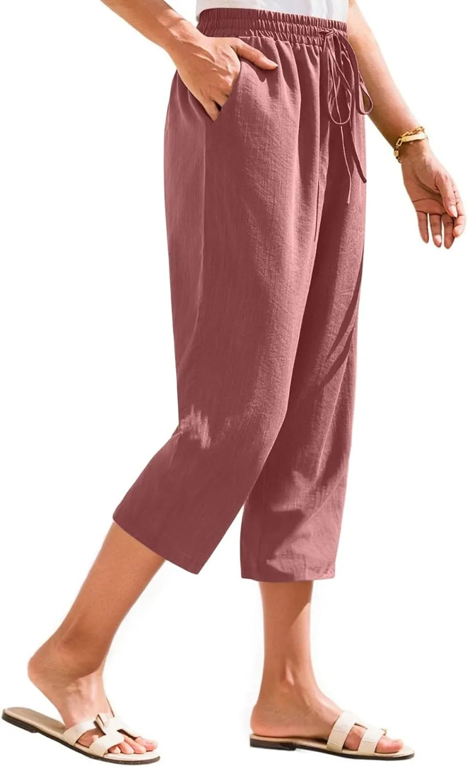 Women's Linen Capris Casual Summer Elastic Waist Wide Leg Cropped Pants Comfy Cotton Linen Capri Pants with Pockets