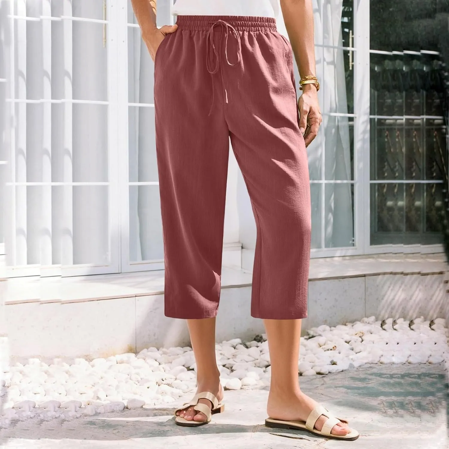 Women's Linen Capris Casual Summer Elastic Waist Wide Leg Cropped Pants Comfy Cotton Linen Capri Pants with Pockets