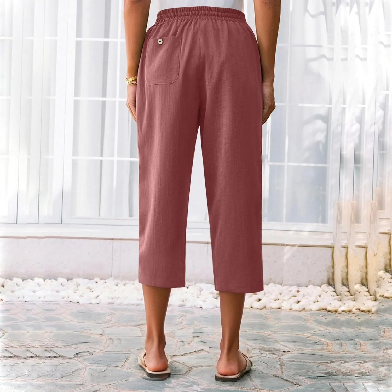 Women's Linen Capris Casual Summer Elastic Waist Wide Leg Cropped Pants Comfy Cotton Linen Capri Pants with Pockets