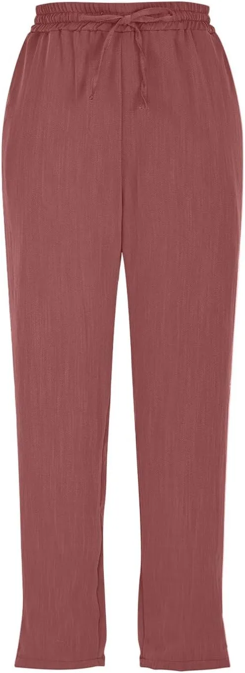 Women's Linen Capris Casual Summer Elastic Waist Wide Leg Cropped Pants Comfy Cotton Linen Capri Pants with Pockets