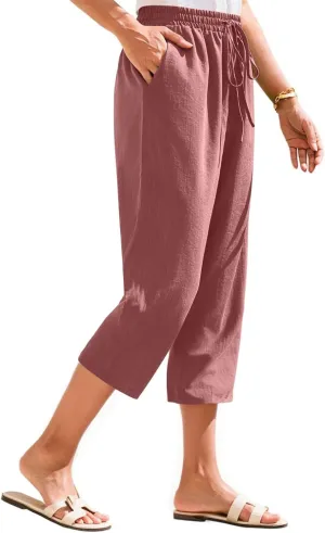 Women's Linen Capris Casual Summer Elastic Waist Wide Leg Cropped Pants Comfy Cotton Linen Capri Pants with Pockets