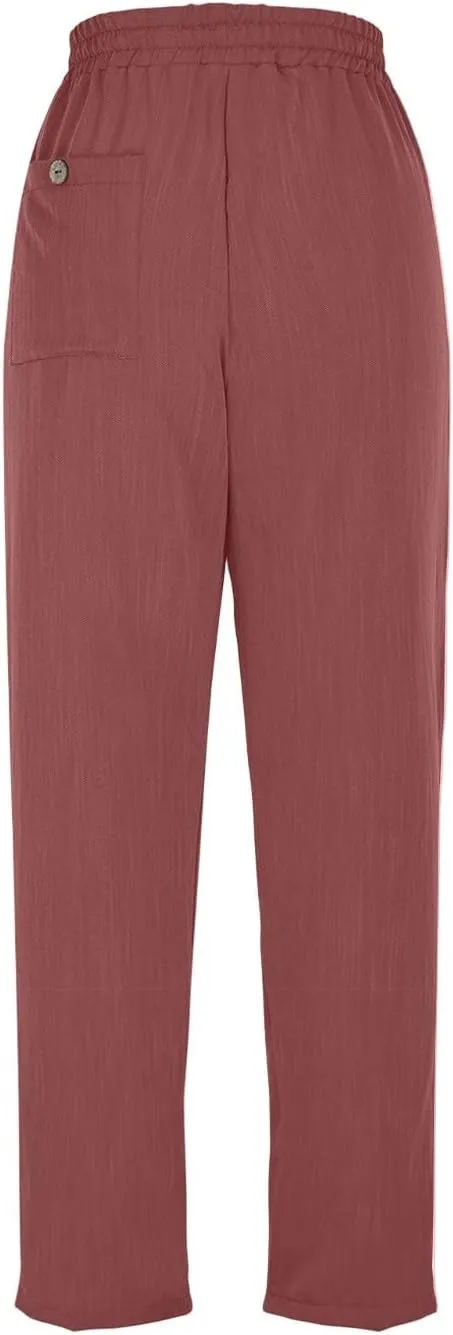 Women's Linen Capris Casual Summer Elastic Waist Wide Leg Cropped Pants Comfy Cotton Linen Capri Pants with Pockets