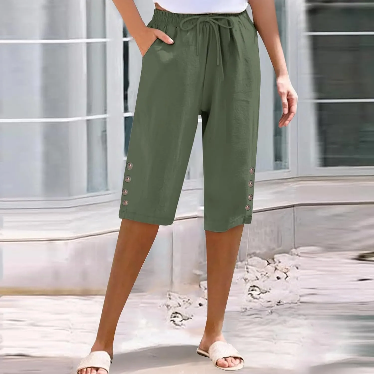 Women's Linen Cropped Drawstring Waist Capri Plus Size Wide Leg Loose Cotton Pocket Capri Pants Workout Leggings