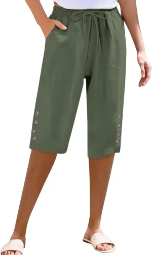 Women's Linen Cropped Drawstring Waist Capri Plus Size Wide Leg Loose Cotton Pocket Capri Pants Workout Leggings