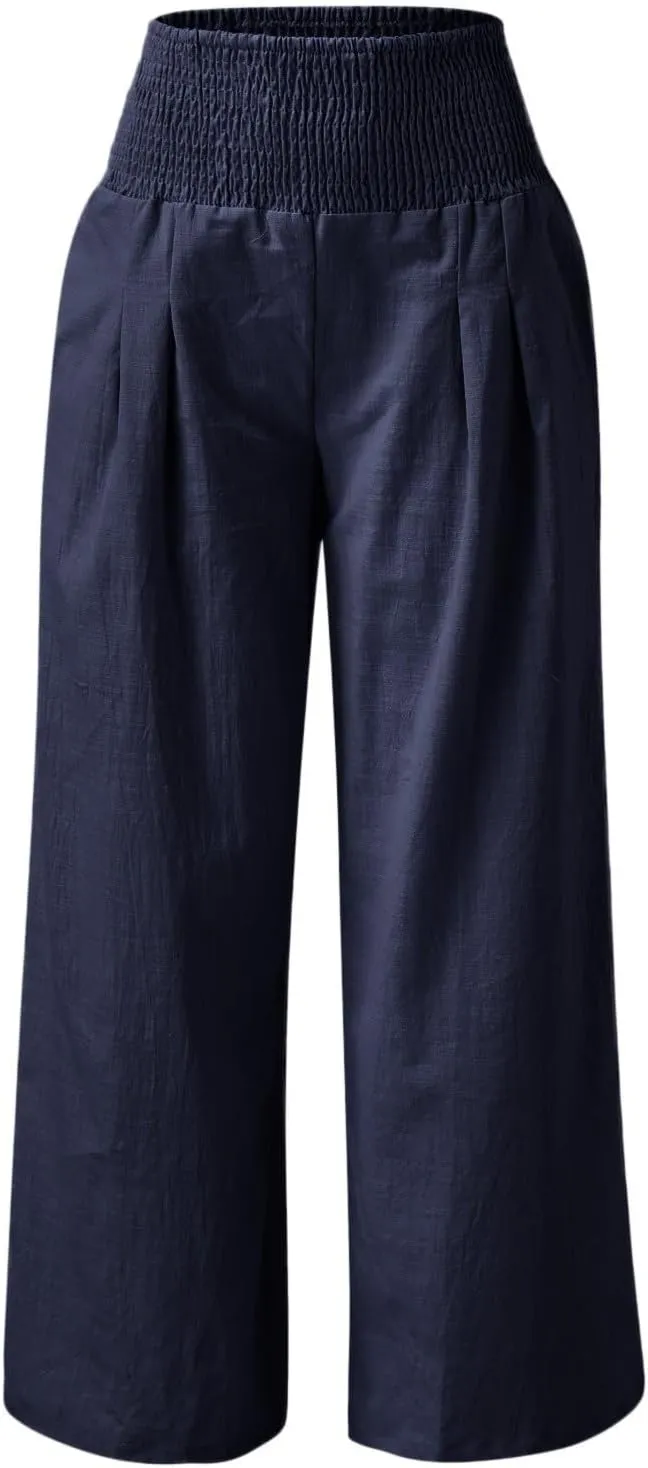 Womens Linen Palazzo Pants Casual Summer Wide Leg High Waist Lounge Slacks Boho Beach Flowy Travel Vacation Trousers