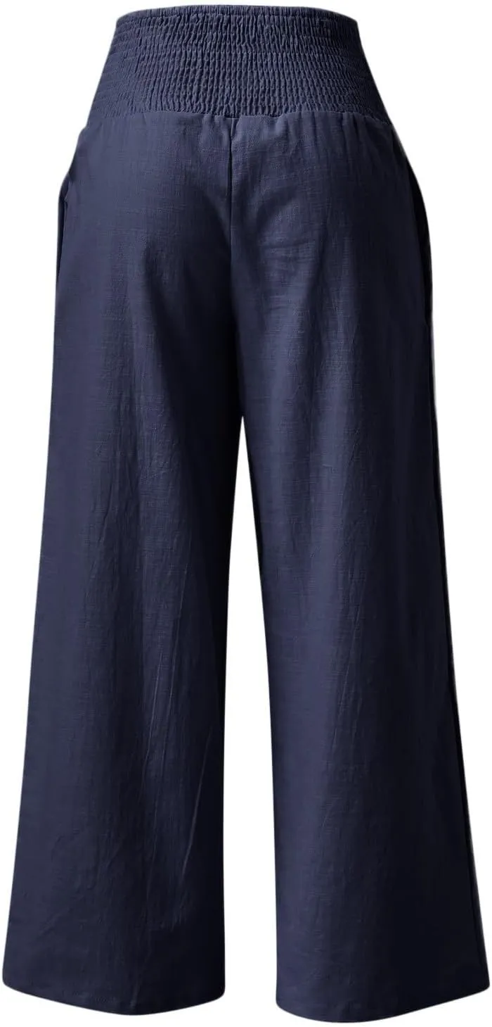 Womens Linen Palazzo Pants Casual Summer Wide Leg High Waist Lounge Slacks Boho Beach Flowy Travel Vacation Trousers