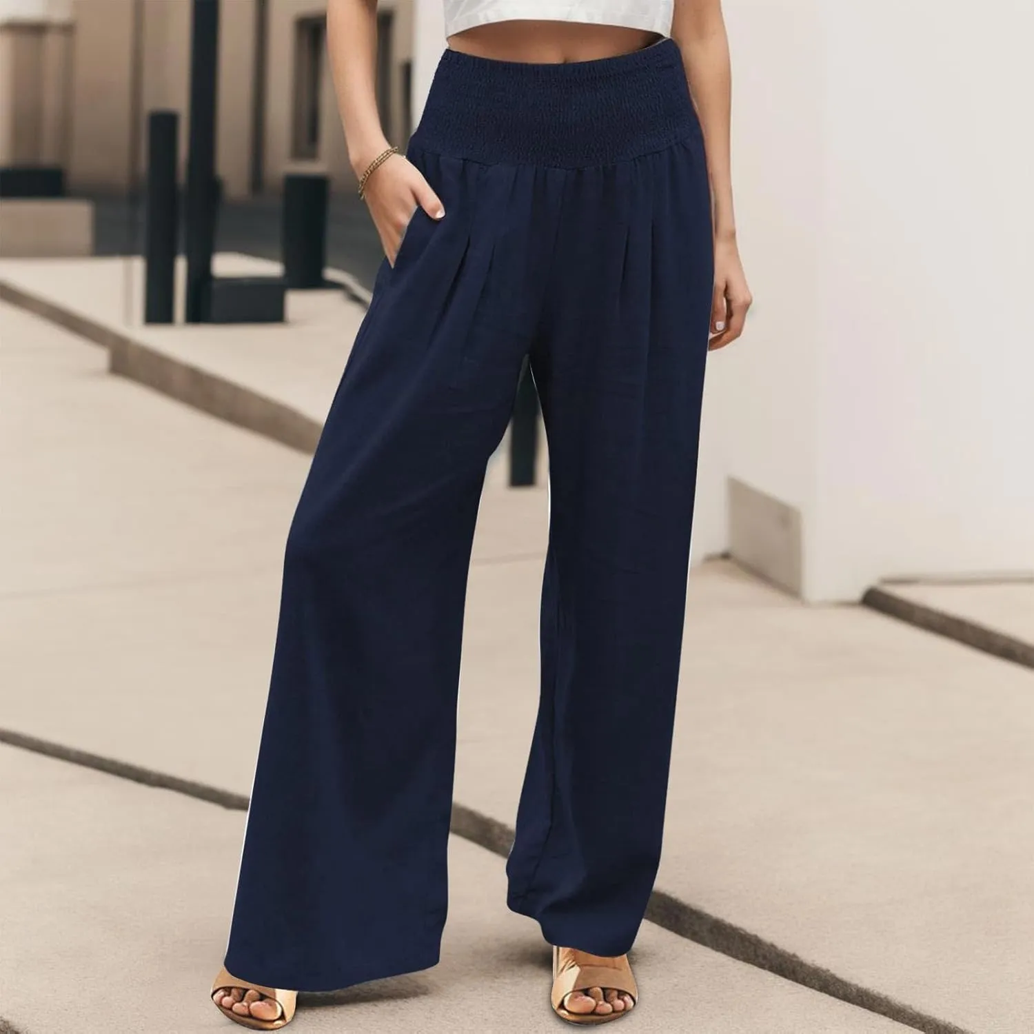 Womens Linen Palazzo Pants Casual Summer Wide Leg High Waist Lounge Slacks Boho Beach Flowy Travel Vacation Trousers