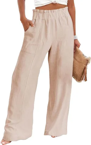Womens Linen Palazzo Pants Wide Leg Casual Loose High Waist Drawstring Capri Plus Size Trousers Travel Vacation Outfits