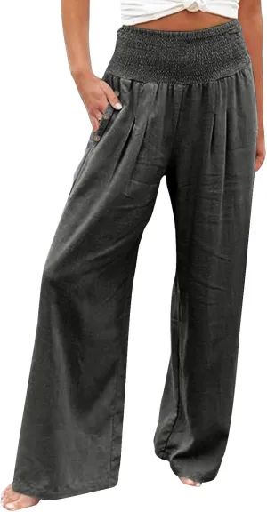 Womens Linen Pants 2025 Casual Loose Wide Leg Palazzo Pants Tummy Control High Waist Flowy Trousers with Pockets