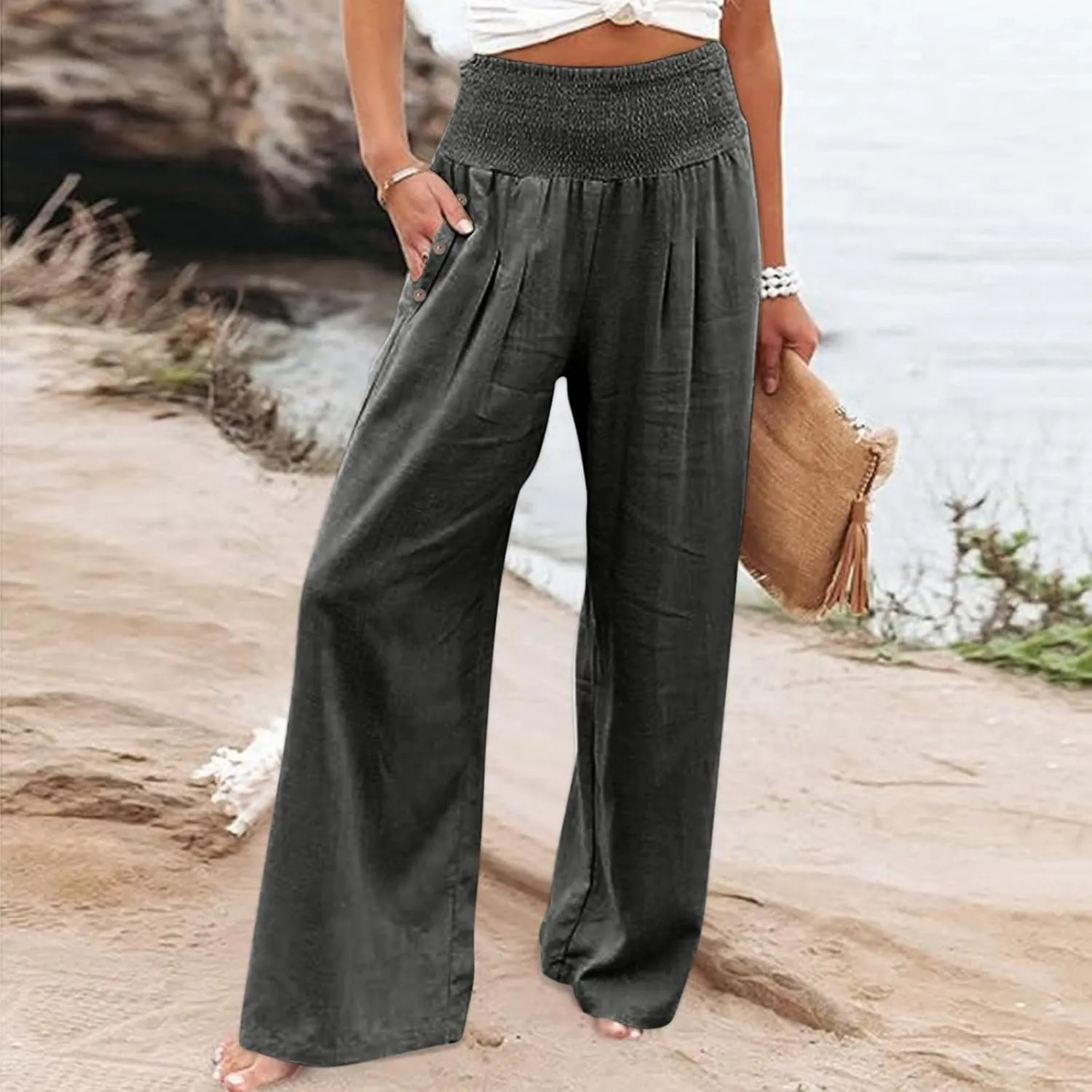 Womens Linen Pants 2025 Casual Loose Wide Leg Palazzo Pants Tummy Control High Waist Flowy Trousers with Pockets