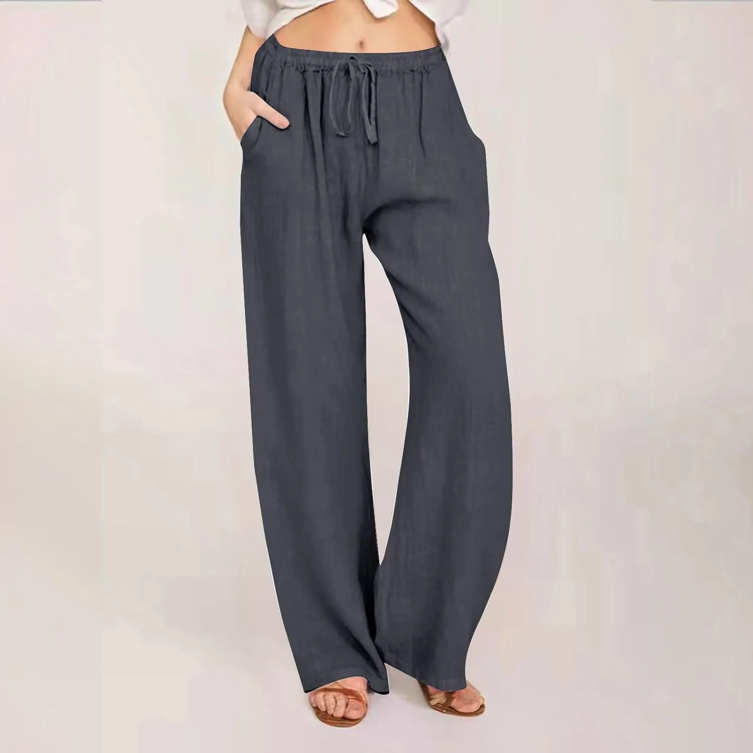 Women's Linen Pants Drawstring High Waist Beach Palazzo Pants Casual Wide Leg Trousers with Pockets Summer Clothes