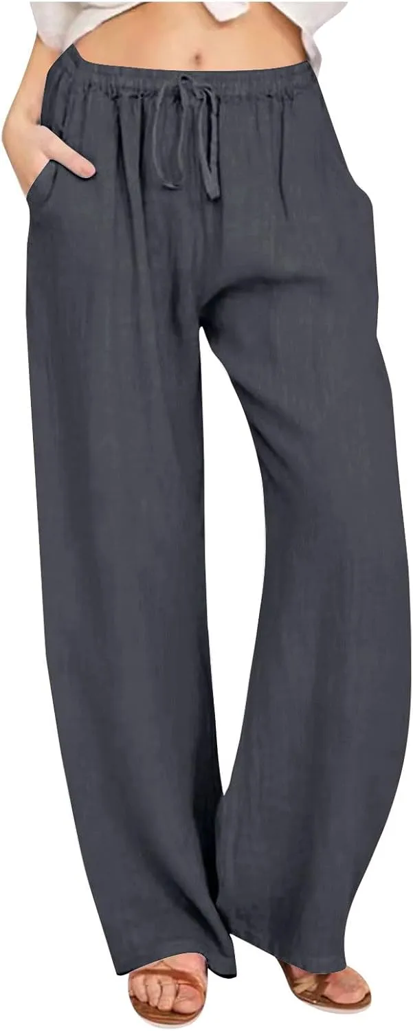 Women's Linen Pants Drawstring High Waist Beach Palazzo Pants Casual Wide Leg Trousers with Pockets Summer Clothes
