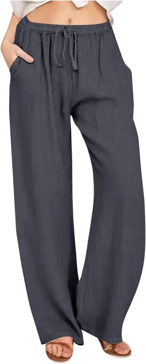 Women's Linen Pants Drawstring High Waist Beach Palazzo Pants Casual Wide Leg Trousers with Pockets Summer Clothes
