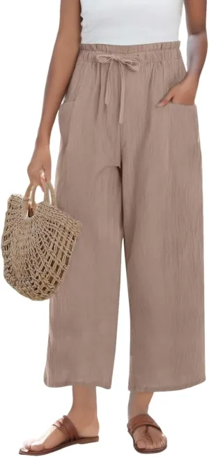 Womens Linen Pants Summer Casual High Waist Wide Leg Palazzo Pant Drawstring Lightweight Loose Beach Cropped Trousers