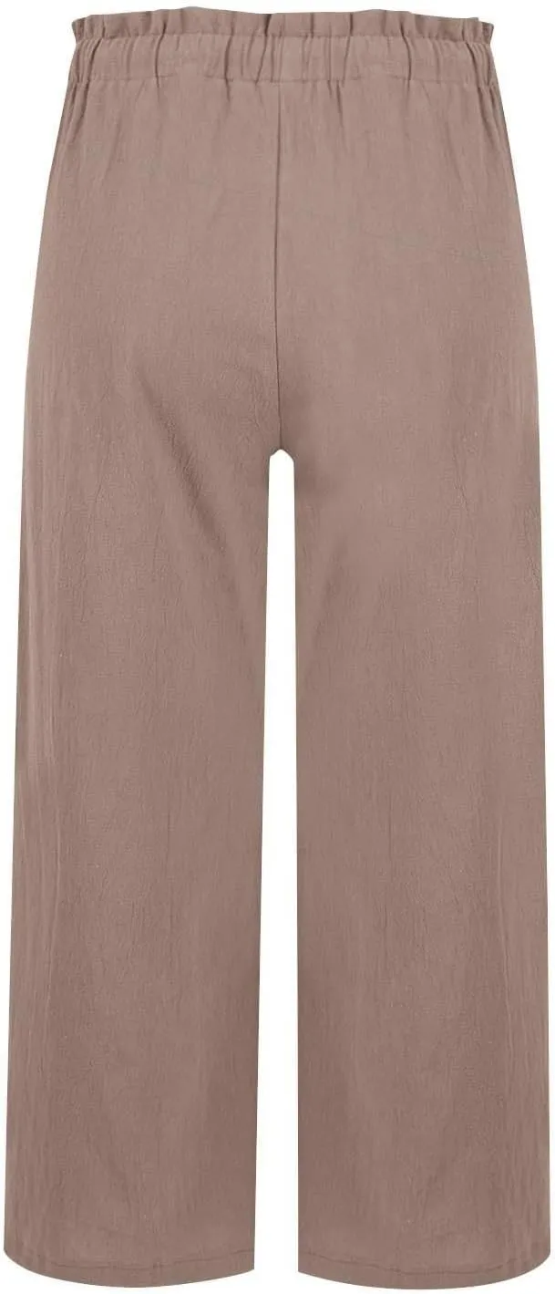 Womens Linen Pants Summer Casual High Waist Wide Leg Palazzo Pant Drawstring Lightweight Loose Beach Cropped Trousers