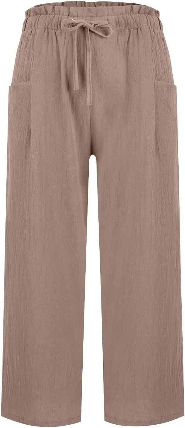 Womens Linen Pants Summer Casual High Waist Wide Leg Palazzo Pant Drawstring Lightweight Loose Beach Cropped Trousers