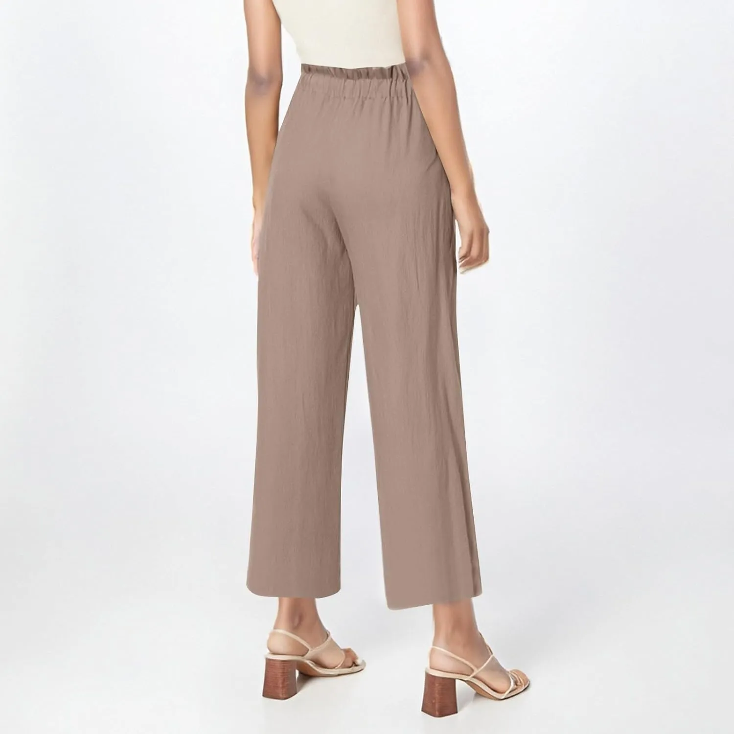 Womens Linen Pants Summer Casual High Waist Wide Leg Palazzo Pant Drawstring Lightweight Loose Beach Cropped Trousers