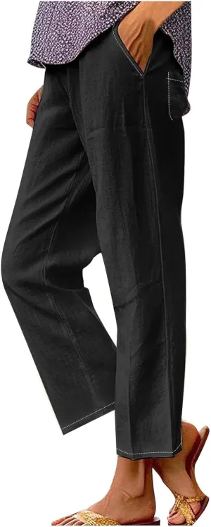 Women's Linen Pants with Pockets High Waist Comfy Slacks Casual Pants Lightweight Loose Trousers Beach Cropped Pant