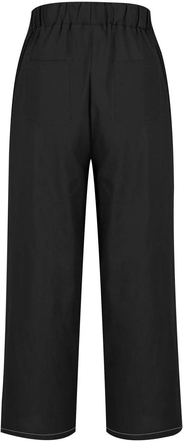 Women's Linen Pants with Pockets High Waist Comfy Slacks Casual Pants Lightweight Loose Trousers Beach Cropped Pant