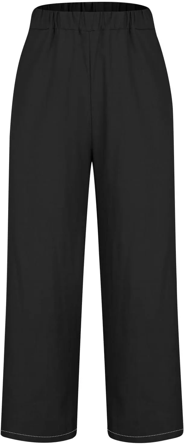 Women's Linen Pants with Pockets High Waist Comfy Slacks Casual Pants Lightweight Loose Trousers Beach Cropped Pant