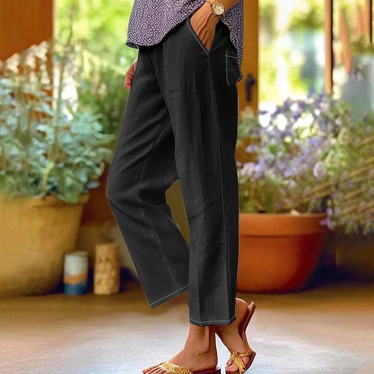 Women's Linen Pants with Pockets High Waist Comfy Slacks Casual Pants Lightweight Loose Trousers Beach Cropped Pant