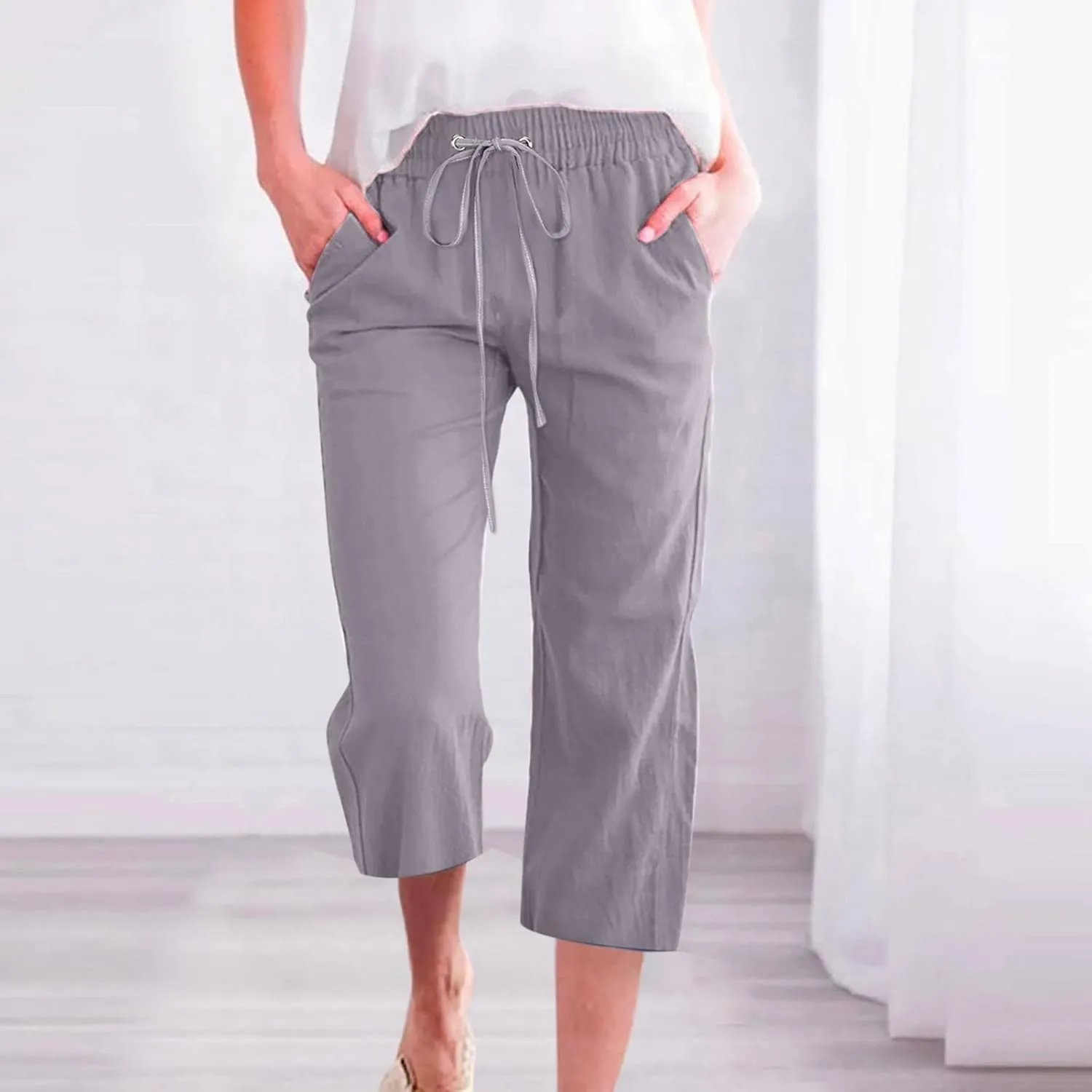 Womens Linen Summer Capri Pants 2025 Pants Drawstring Elastic Trousers Comfy Gauze Casual Lightweight Loose Trousers