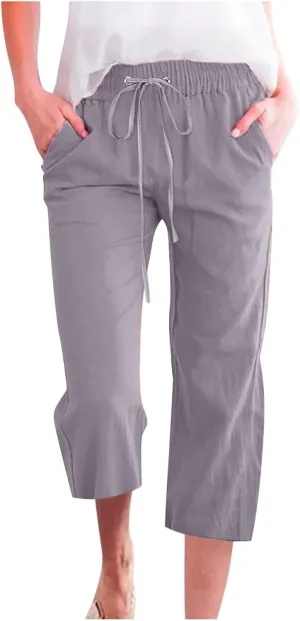 Womens Linen Summer Capri Pants 2025 Pants Drawstring Elastic Trousers Comfy Gauze Casual Lightweight Loose Trousers