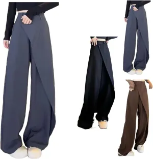 Women's Loose Cut Wide-leg Pants,Fashion Flowy Solid Color Suit Pant,Irregular Patchwork High Waist Straight Trousers