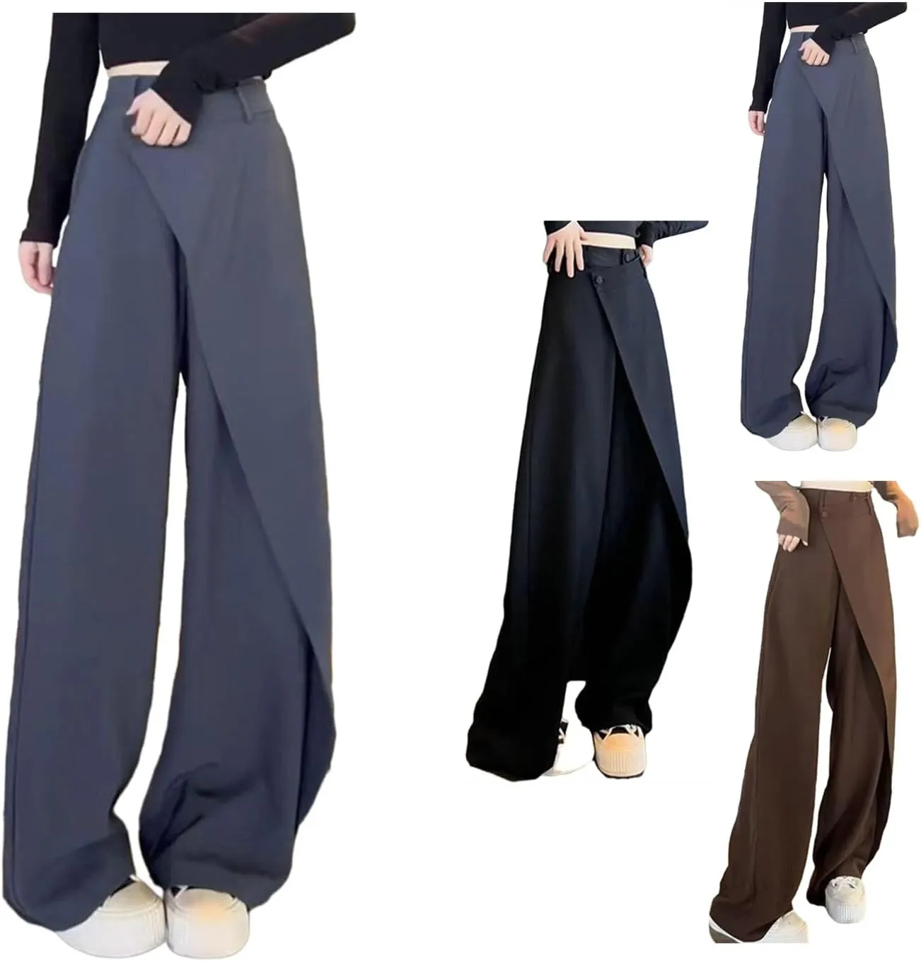 Women's Loose Cut Wide-leg Pants,Fashion Flowy Solid Color Suit Pant,Irregular Patchwork High Waist Straight Trousers