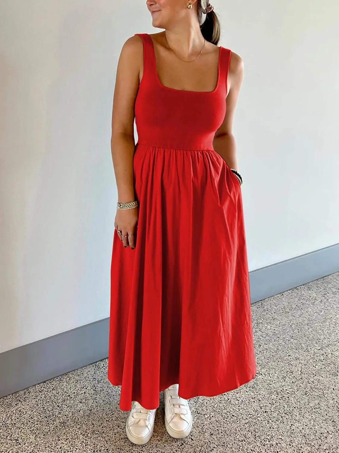 Women's Maxi Dress Summer Sleeveless Swing Sundress Casual Loose Tank Long Dresses with Pockets