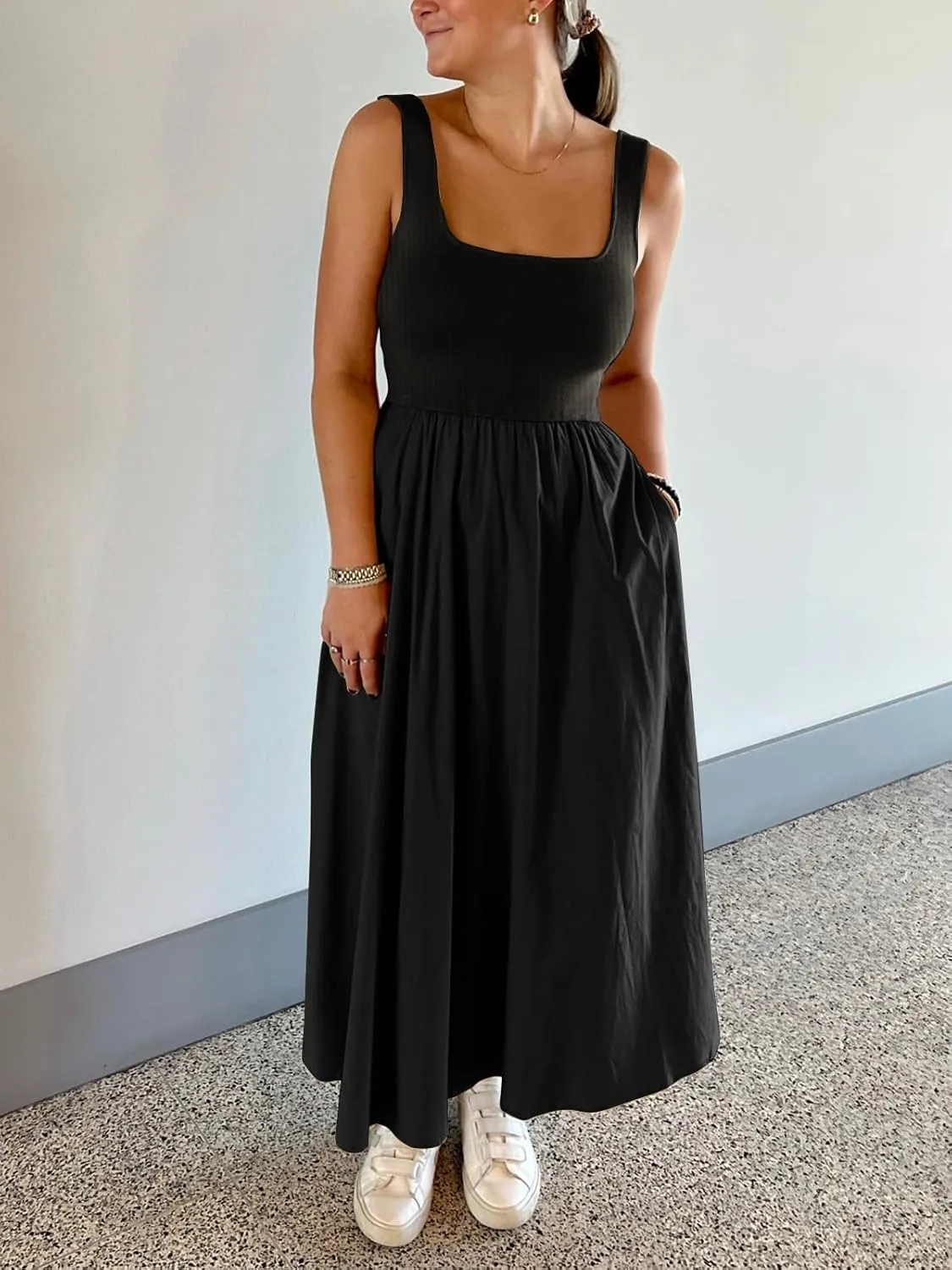 Women's Maxi Dress Summer Sleeveless Swing Sundress Casual Loose Tank Long Dresses with Pockets