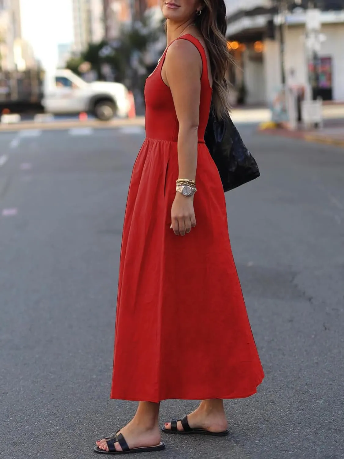 Women's Maxi Dress Summer Sleeveless Swing Sundress Casual Loose Tank Long Dresses with Pockets