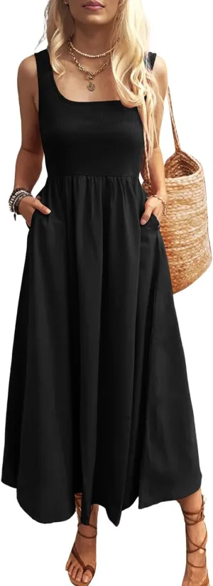 Women's Maxi Dress Summer Sleeveless Swing Sundress Casual Loose Tank Long Dresses with Pockets