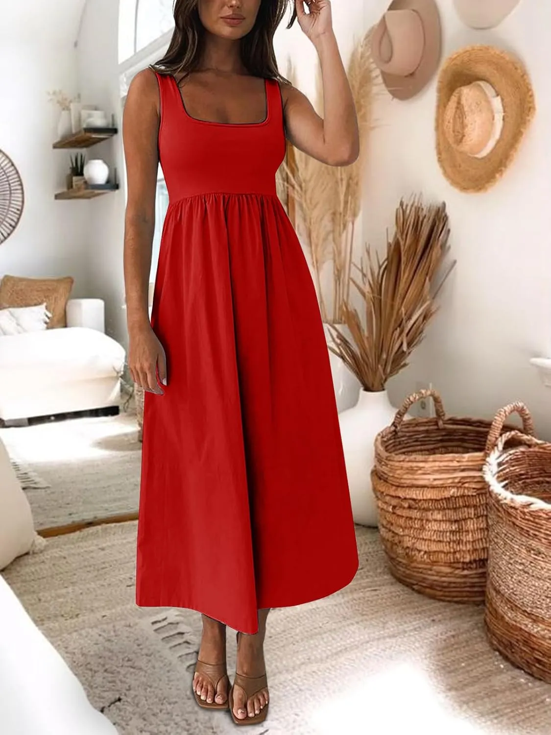 Women's Maxi Dress Summer Sleeveless Swing Sundress Casual Loose Tank Long Dresses with Pockets