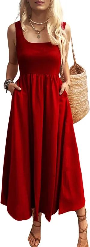 Women's Maxi Dress Summer Sleeveless Swing Sundress Casual Loose Tank Long Dresses with Pockets